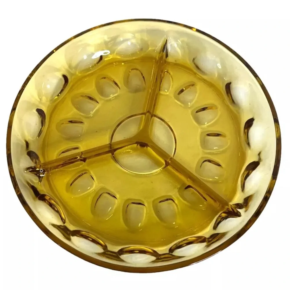 Indiana Glass Co Kings Crown Amber Gold Thumb Print 3 Way Divided Relish‎ Dish